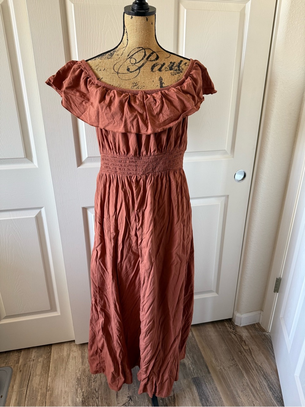 Waist-Defined Ruffled Off-The-Shoulder Smocked Maxi Dress